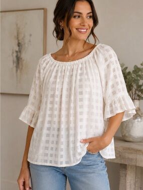 John Mark Cream Textured Peasant Blouse